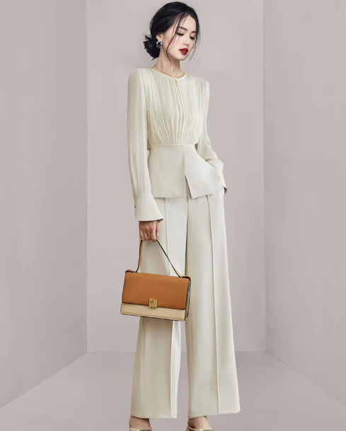 Chic Fashion Long Sleeve Set Elegant Outwear Tops Wide Leg Trousers Outfits - Image 8