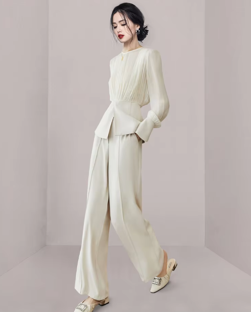 Chic Fashion Long Sleeve Set Elegant Outwear Tops Wide Leg Trousers Outfits - Image 7