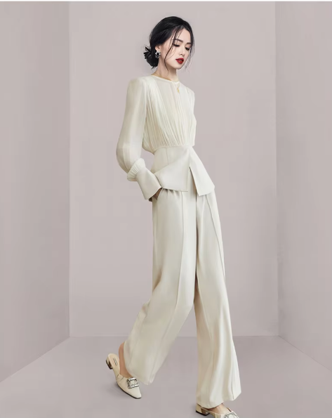 Chic Fashion Long Sleeve Set Elegant Outwear Tops Wide Leg Trousers Outfits