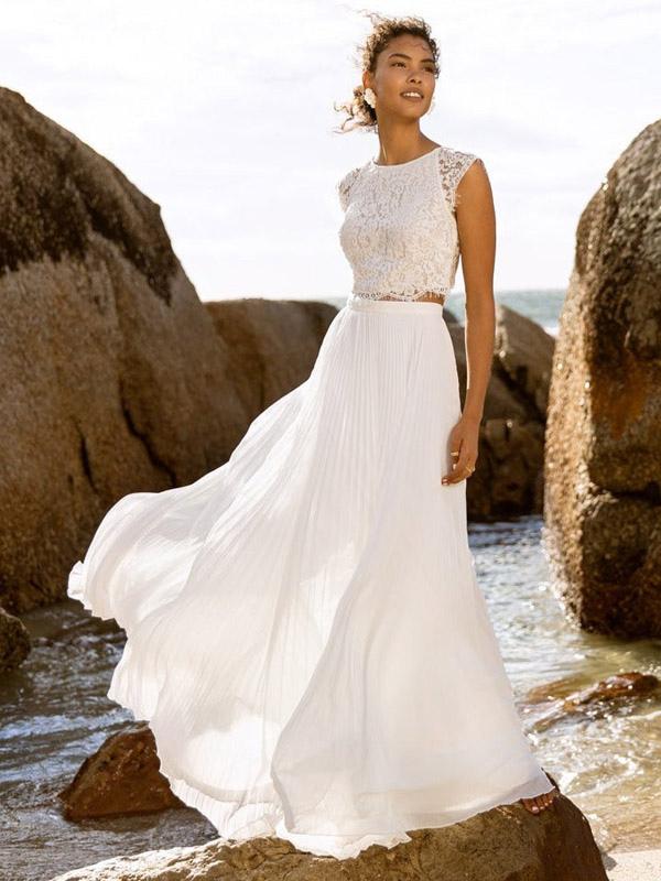 Chiffon Pleated Jewel Neck A-Line Functional Buttons Short Sleeves Floor-Length Two-piece Wedding Dress