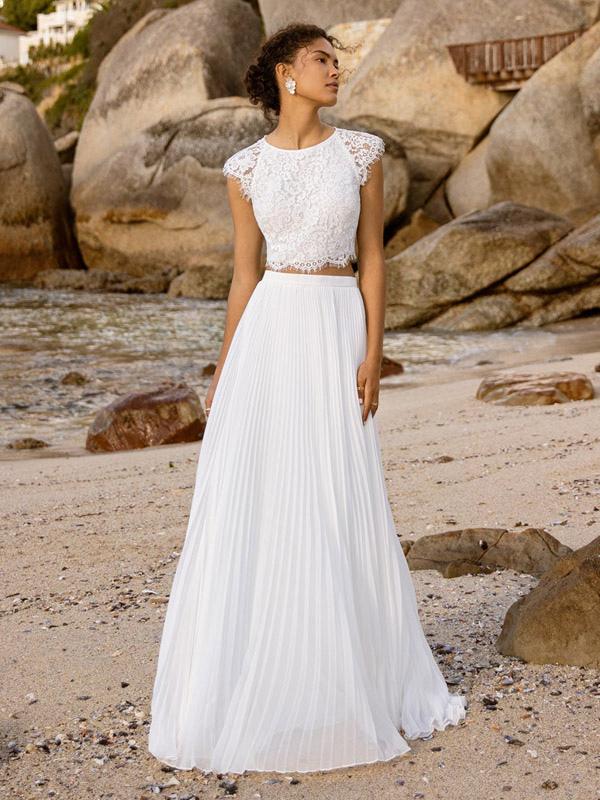 Chiffon Pleated Jewel Neck A-Line Functional Buttons Short Sleeves Floor-Length Two-piece Wedding Dress - Image 2