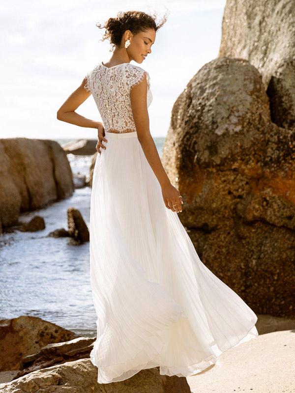 Chiffon Pleated Jewel Neck A-Line Functional Buttons Short Sleeves Floor-Length Two-piece Wedding Dress - Image 3