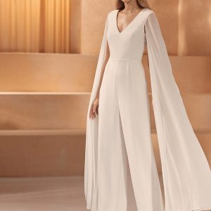 Chiffon V-Neck Long Sleeve Natural Waist Floor-Length Bridal Jumpsuit