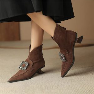 Crystal Buckle Kid Suede Strange Heels Pointed Toe Warm Short Plush Solid Color Ankle Boots