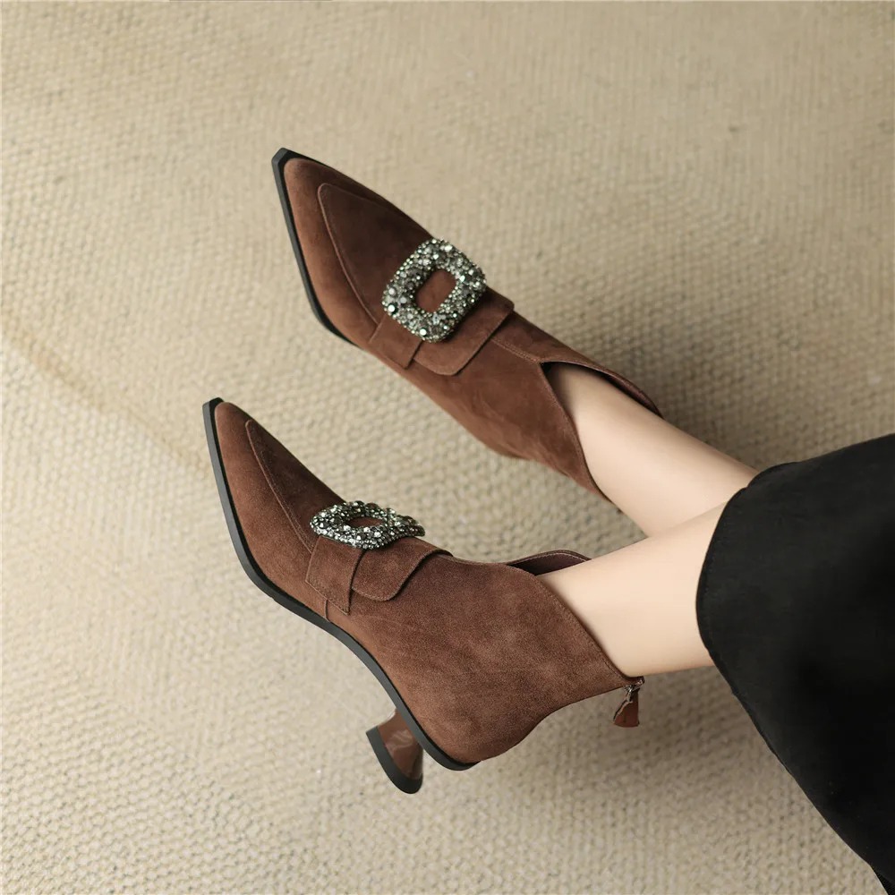 Crystal Buckle Kid Suede Strange Heels Pointed Toe Warm Short Plush Solid Color Ankle Boots - Image 2