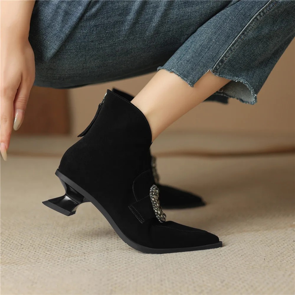 Crystal Buckle Kid Suede Strange Heels Pointed Toe Warm Short Plush Solid Color Ankle Boots - Image 9