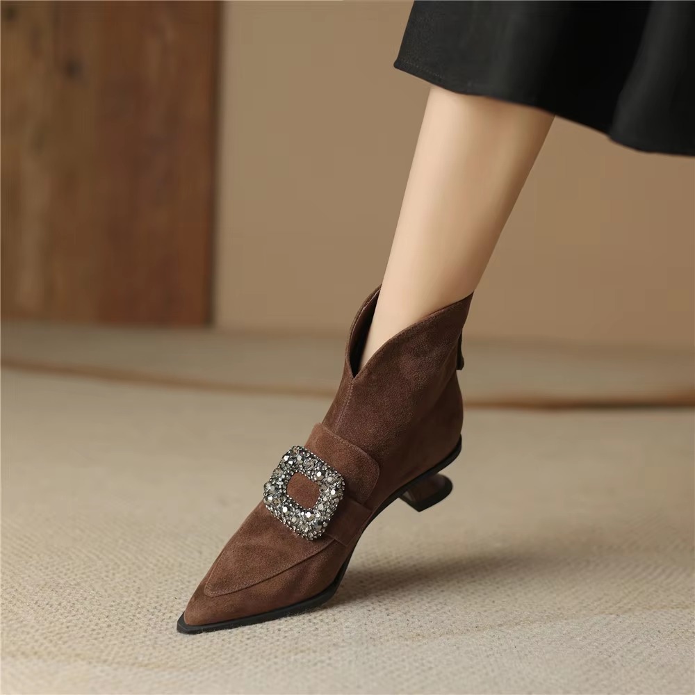 Crystal Buckle Kid Suede Strange Heels Pointed Toe Warm Short Plush Solid Color Ankle Boots - Image 3