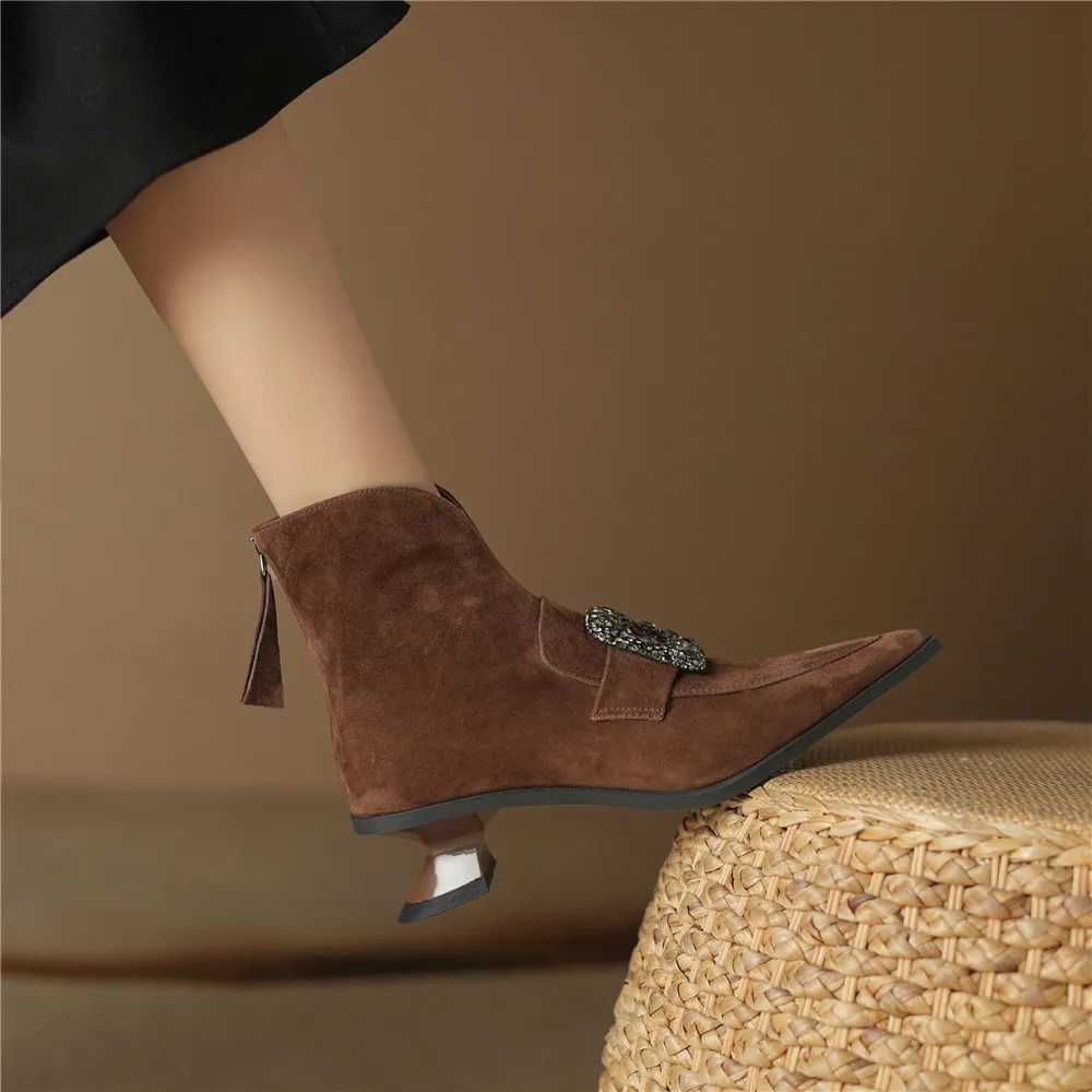 Crystal Buckle Kid Suede Strange Heels Pointed Toe Warm Short Plush Solid Color Ankle Boots - Image 4
