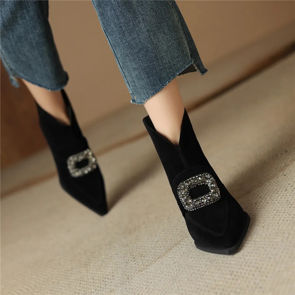 Crystal Buckle Kid Suede Strange Heels Pointed Toe Warm Short Plush Solid Color Ankle Boots - Image 6
