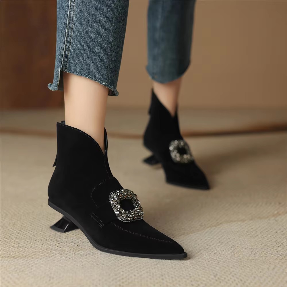 Crystal Buckle Kid Suede Strange Heels Pointed Toe Warm Short Plush Solid Color Ankle Boots - Image 7