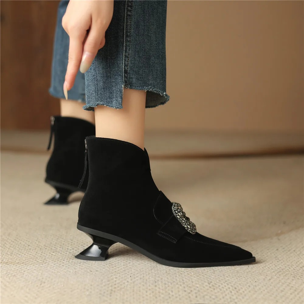 Crystal Buckle Kid Suede Strange Heels Pointed Toe Warm Short Plush Solid Color Ankle Boots - Image 8