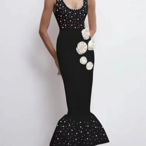 Crystal Flower Beaded sleeveless Evening Party Bodycon Dress