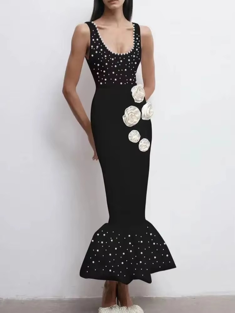Crystal Flower Beaded sleeveless Evening Party Bodycon Dress
