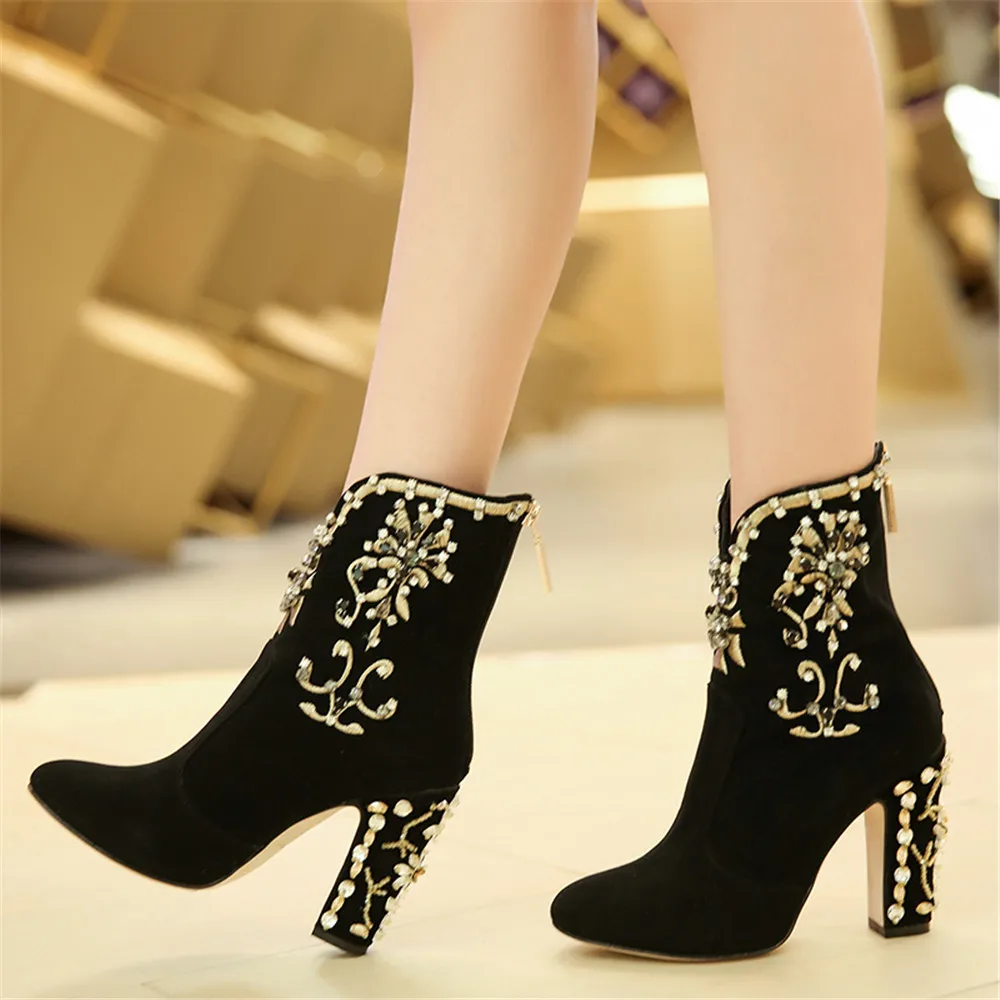 Crystal Kid Suede Zipper Round Toe Square Heels Party Ankle Boots - Image 2