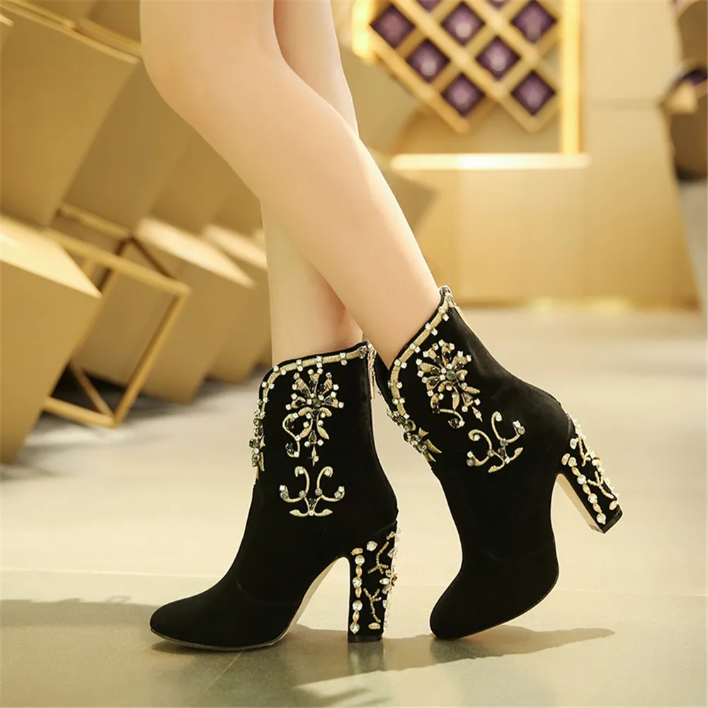 Crystal Kid Suede Zipper Round Toe Square Heels Party Ankle Boots - Image 3