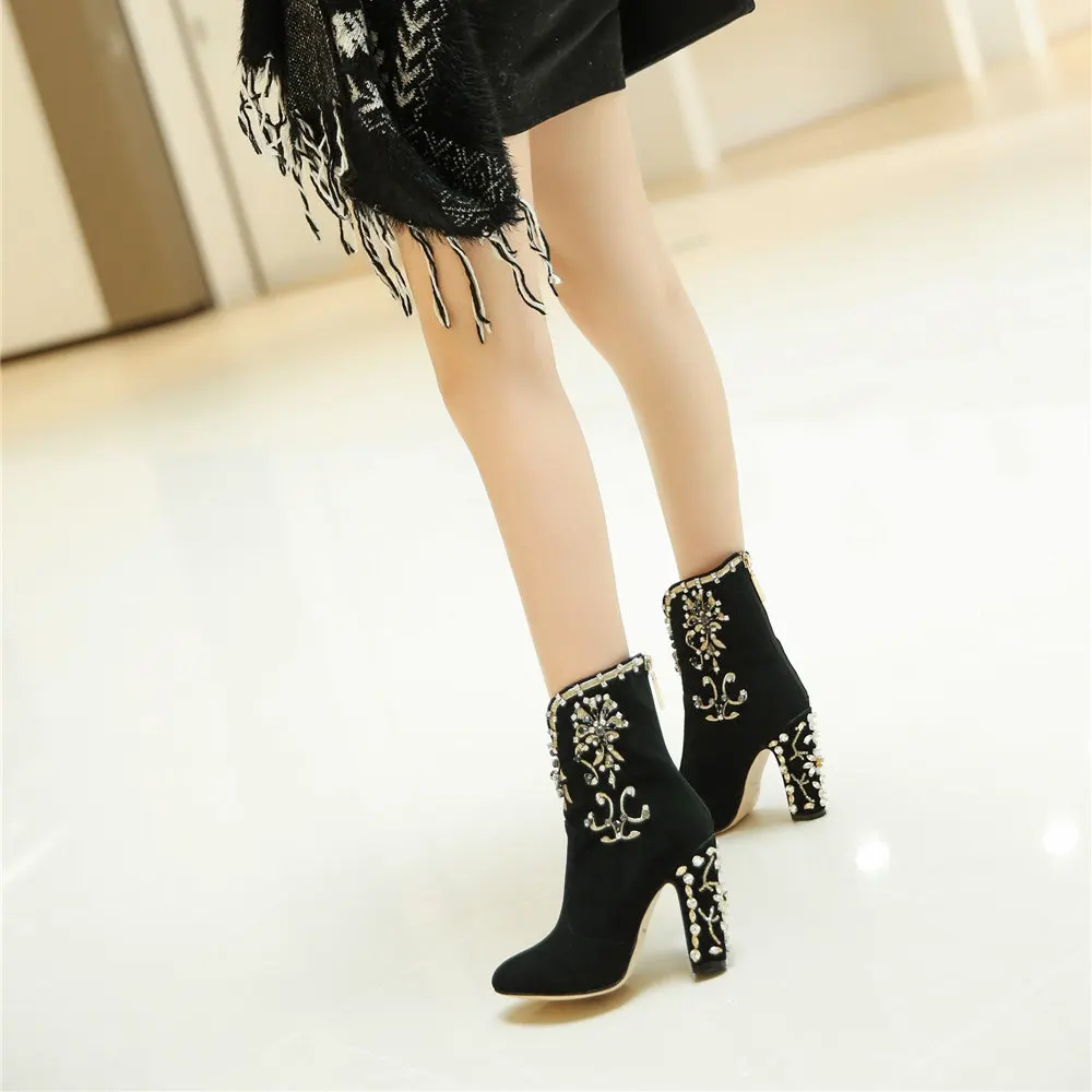 Crystal Kid Suede Zipper Round Toe Square Heels Party Ankle Boots - Image 5
