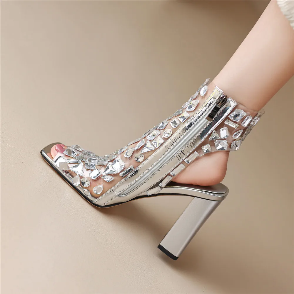 Crystal Pvc Slingback Thick Heels Peep Toe Dress Party Sandals Shoes - Image 3