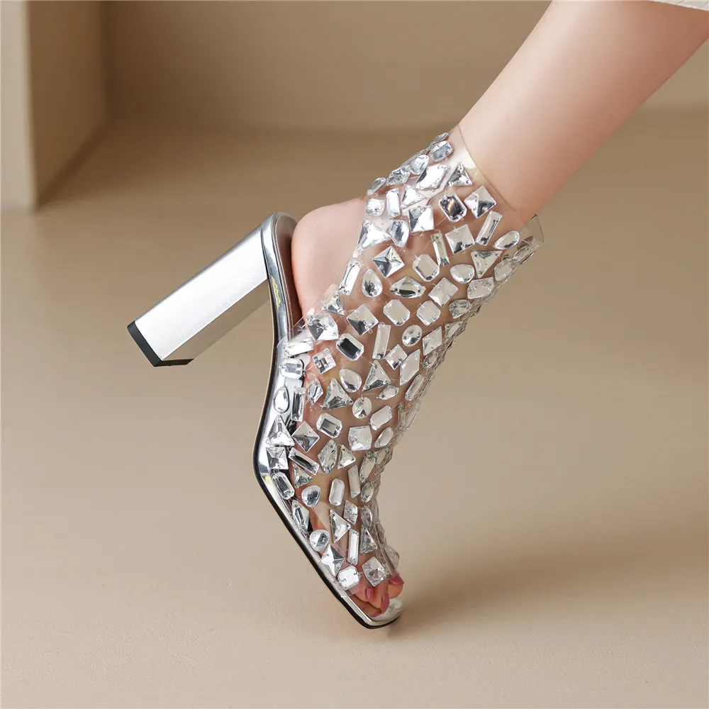 Crystal Pvc Slingback Thick Heels Peep Toe Dress Party Sandals Shoes - Image 5