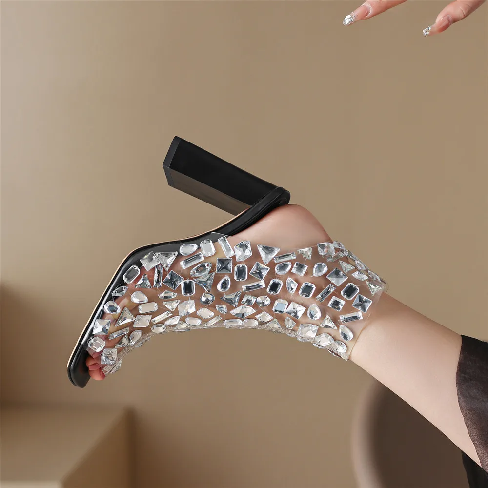 Crystal Pvc Slingback Thick Heels Peep Toe Dress Party Sandals Shoes - Image 8