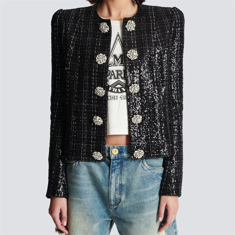 Crystal button decoration High quality Sequin blend long sleeved outerwears jacket - Image 2