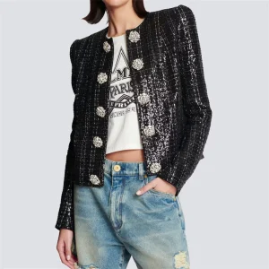 Crystal button decoration High quality Sequin blend long sleeved outerwears jacket