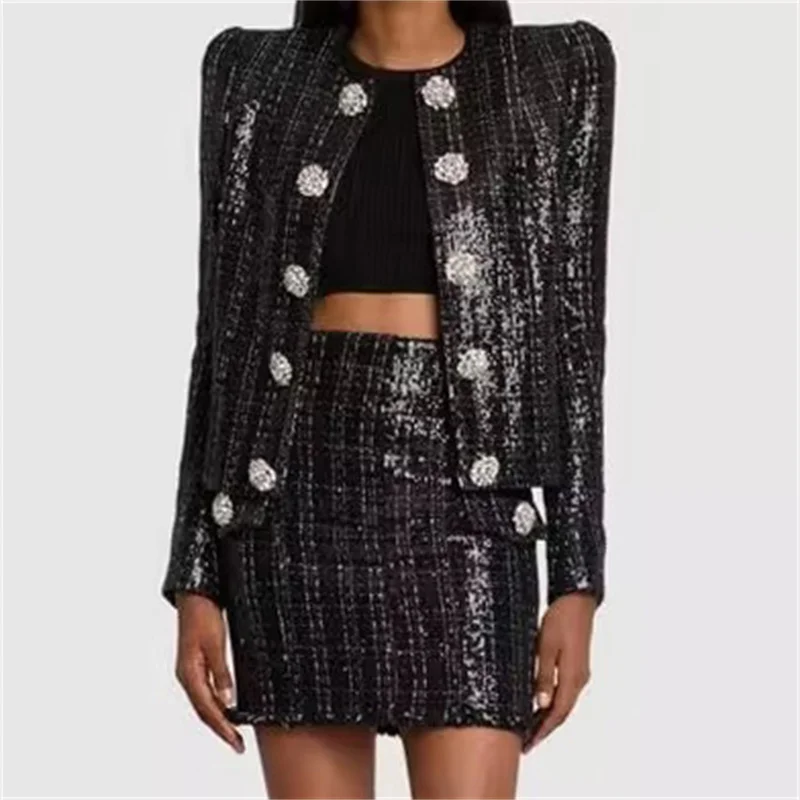 Crystal button decoration High quality Sequin blend long sleeved outerwears jacket - Image 3