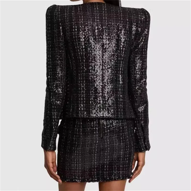 Crystal button decoration High quality Sequin blend long sleeved outerwears jacket - Image 4
