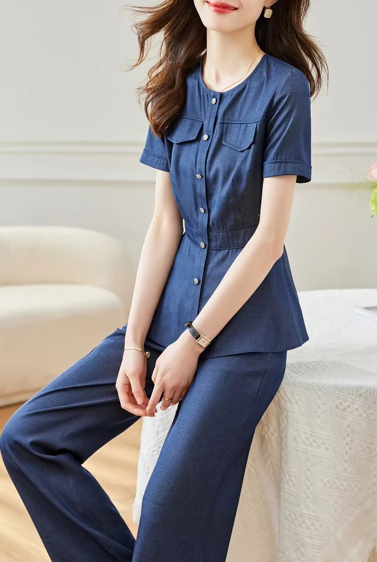Denim Two Piece Set Causal Straight Elegant Outfit Blouses Wide Pants