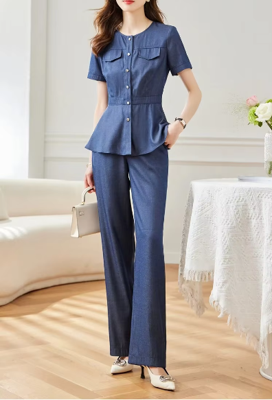 Denim Two Piece Set Causal Straight Elegant Outfit Blouses Wide Pants - Image 6
