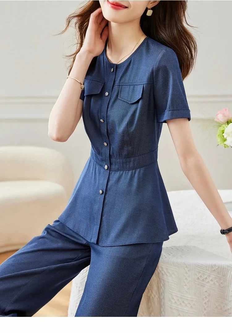 Denim Two Piece Set Causal Straight Elegant Outfit Blouses Wide Pants - Image 5