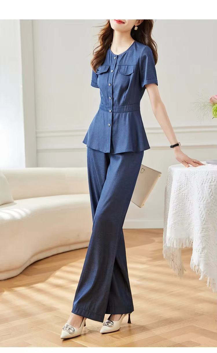 Denim Two Piece Set Causal Straight Elegant Outfit Blouses Wide Pants - Image 2