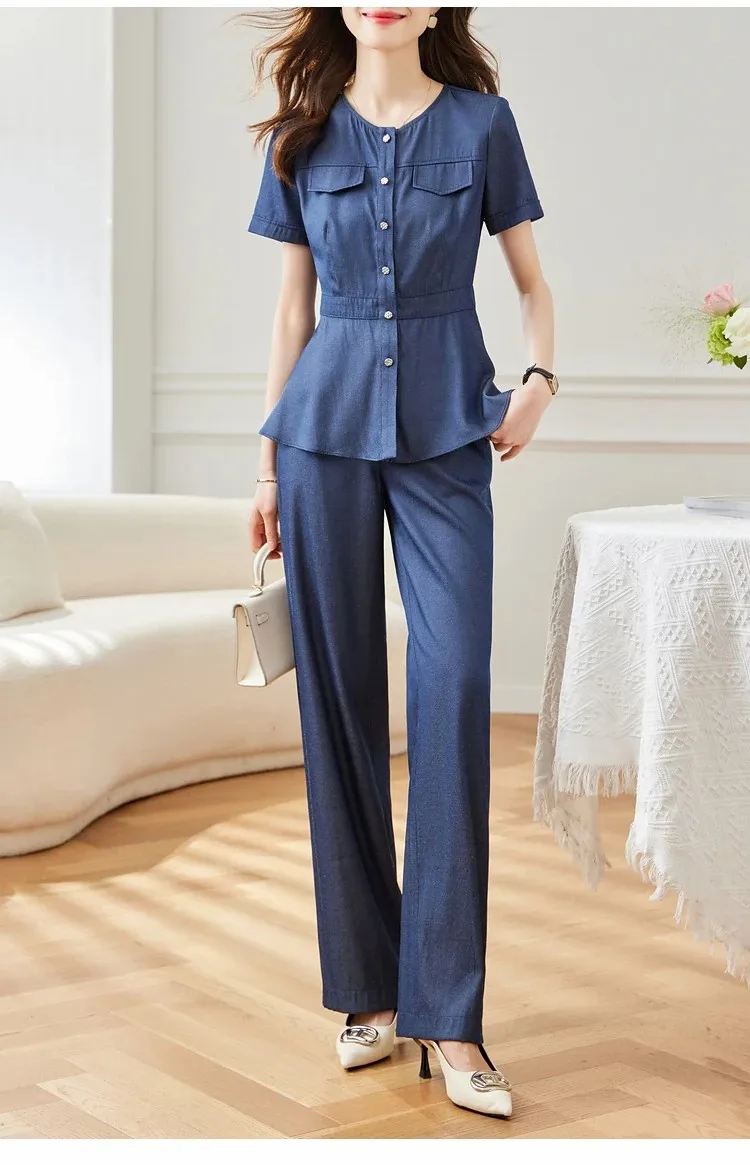 Denim Two Piece Set Causal Straight Elegant Outfit Blouses Wide Pants - Image 9