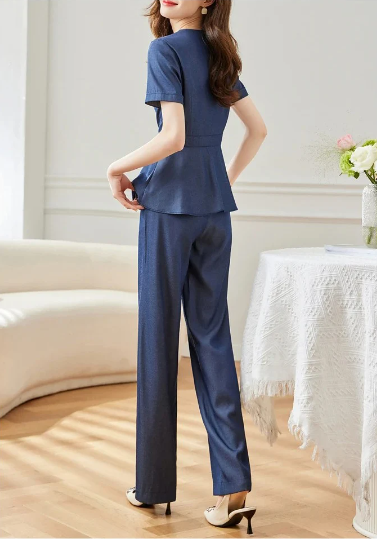 Denim Two Piece Set Causal Straight Elegant Outfit Blouses Wide Pants - Image 8