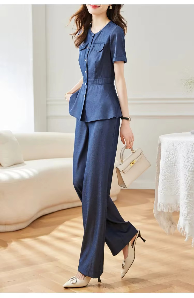 Denim Two Piece Set Causal Straight Elegant Outfit Blouses Wide Pants - Image 3