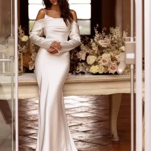 Designed Neckline Long Sleeves Pleated With Train Bridal Wedding Gowns