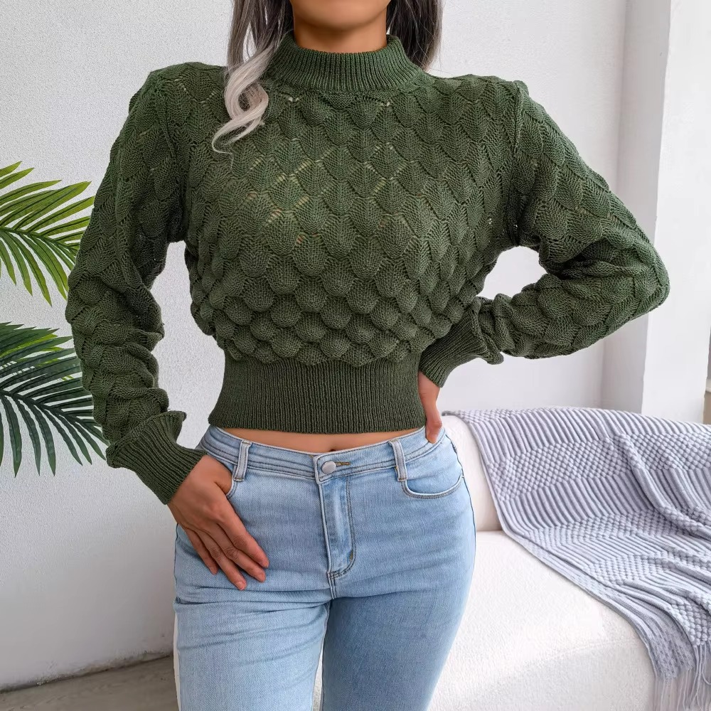 Casual Solid Diamond Cutout Long Sleeve Solid Color Chic Crop Knit Sweater - Image 3