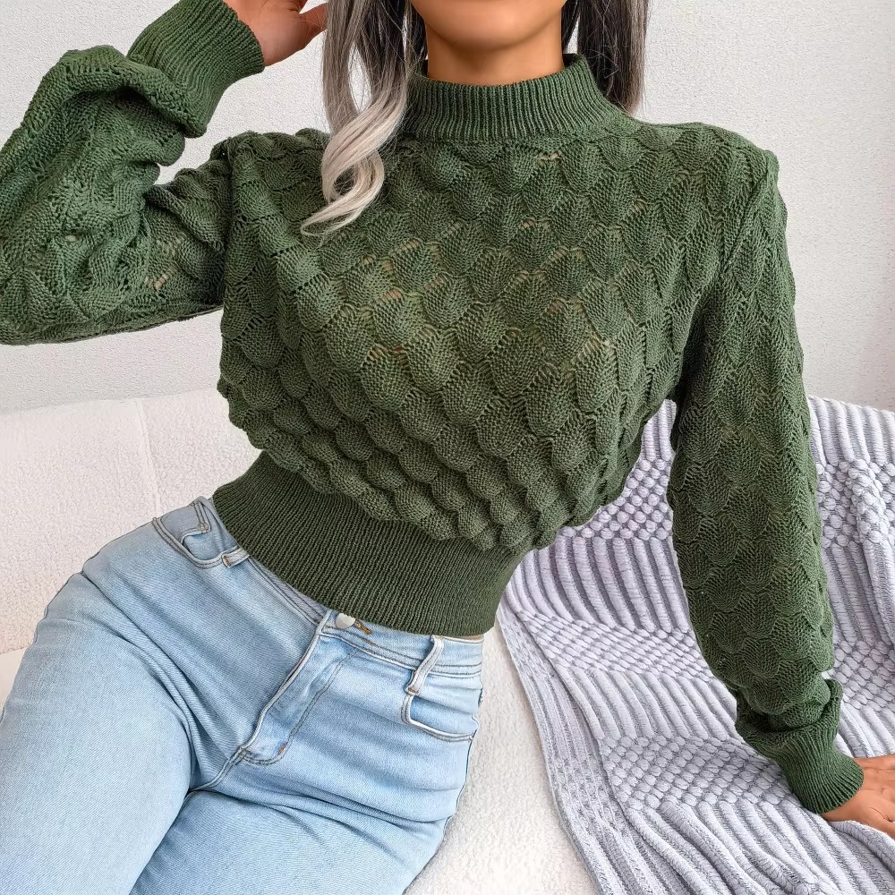 Casual Solid Diamond Cutout Long Sleeve Solid Color Chic Crop Knit Sweater - Image 4