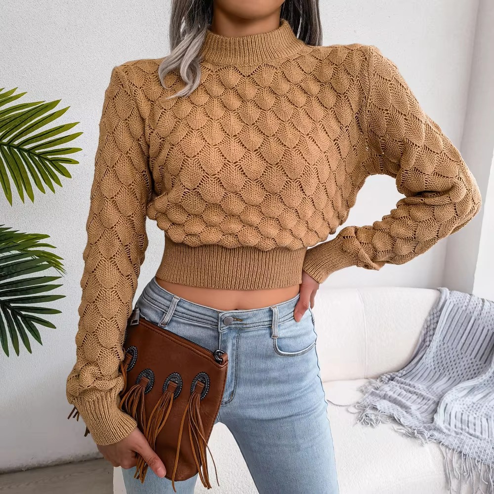Casual Solid Diamond Cutout Long Sleeve Solid Color Chic Crop Knit Sweater - Image 10