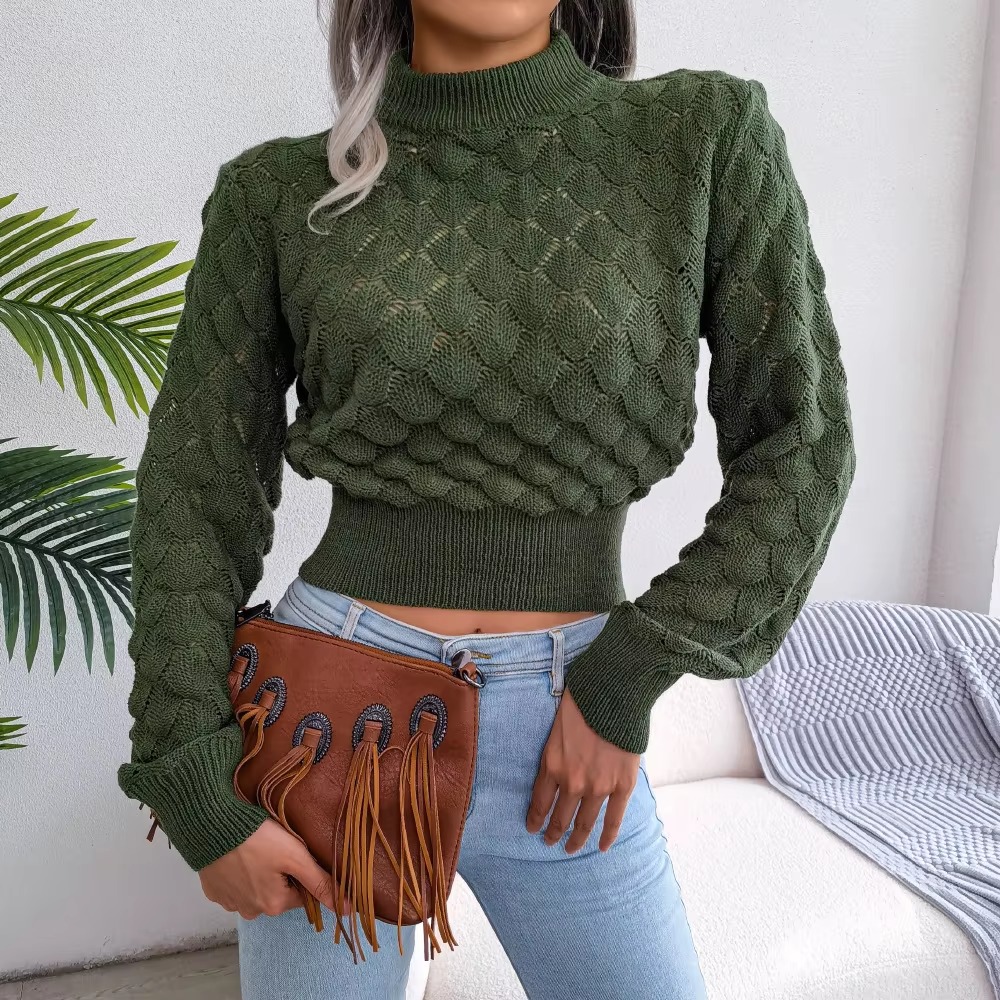 Casual Solid Diamond Cutout Long Sleeve Solid Color Chic Crop Knit Sweater - Image 5