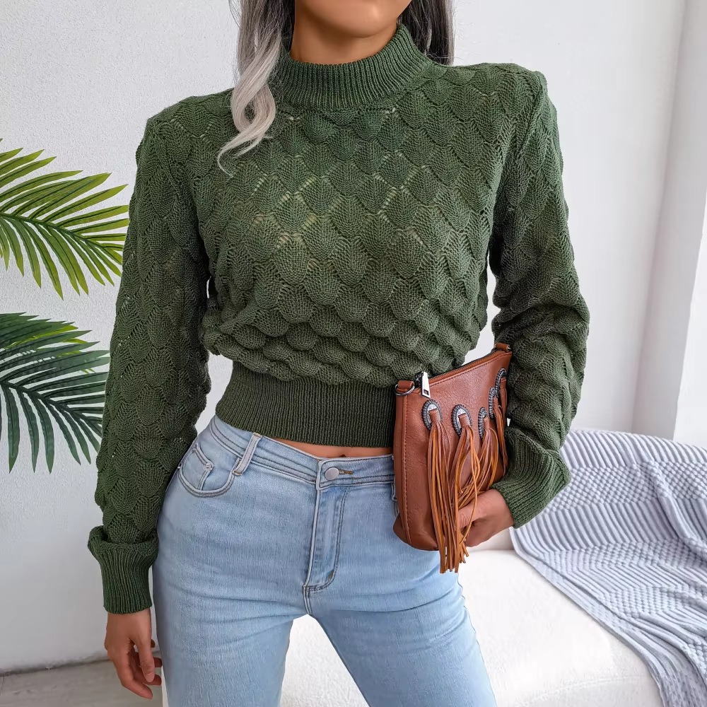 Casual Solid Diamond Cutout Long Sleeve Solid Color Chic Crop Knit Sweater - Image 2