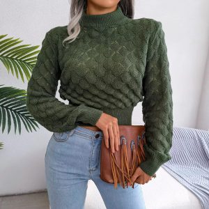 Casual Solid Diamond Cutout Long Sleeve Solid Color Chic Crop Knit Sweater