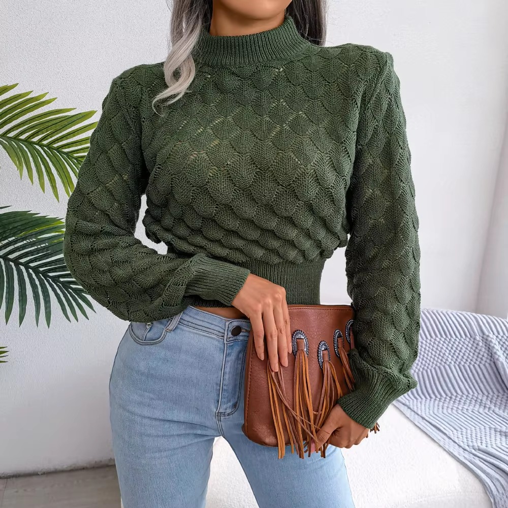Casual Solid Diamond Cutout Long Sleeve Solid Color Chic Crop Knit Sweater
