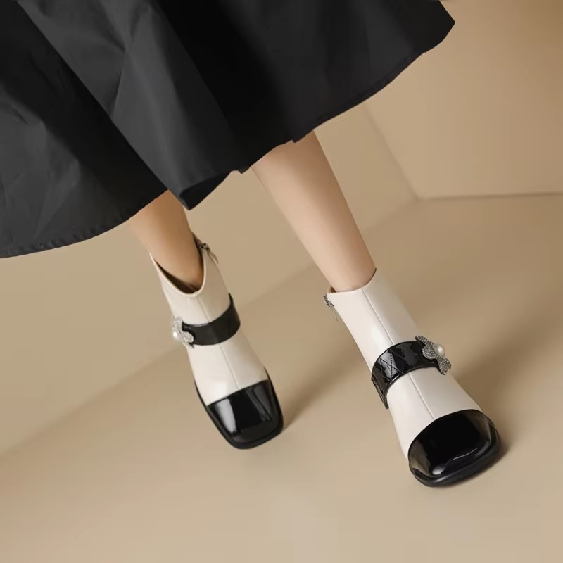 Diamond Pearl Flower Color Block Leather Mid Heel Zipper Chelsea Short Boots - Image 7