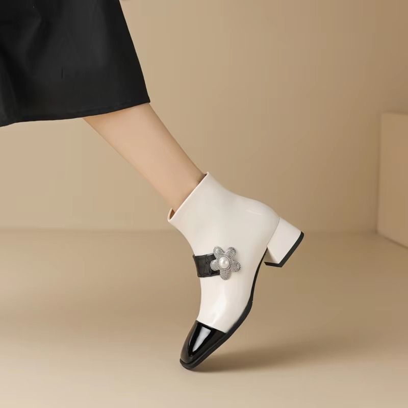 Diamond Pearl Flower Color Block Leather Mid Heel Zipper Chelsea Short Boots - Image 12