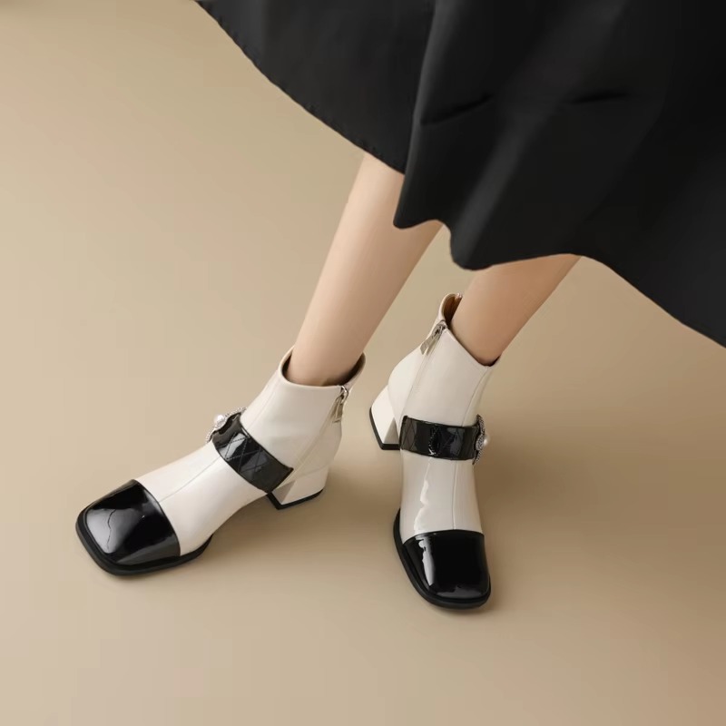 Diamond Pearl Flower Color Block Leather Mid Heel Zipper Chelsea Short Boots - Image 8