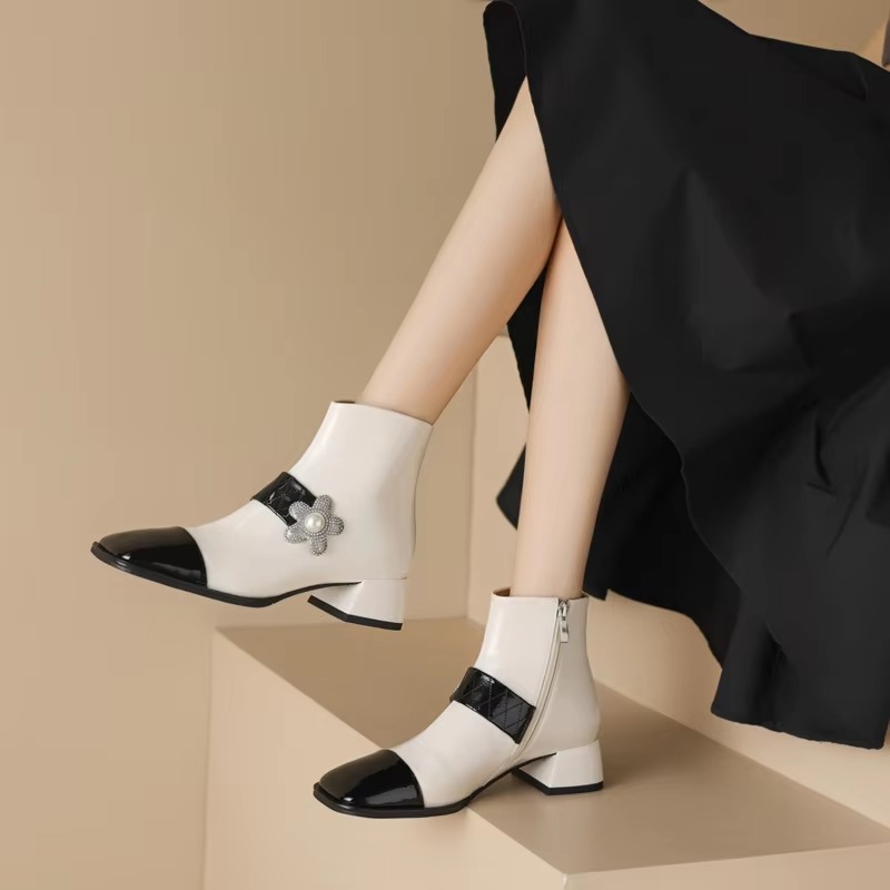 Diamond Pearl Flower Color Block Leather Mid Heel Zipper Chelsea Short Boots - Image 9