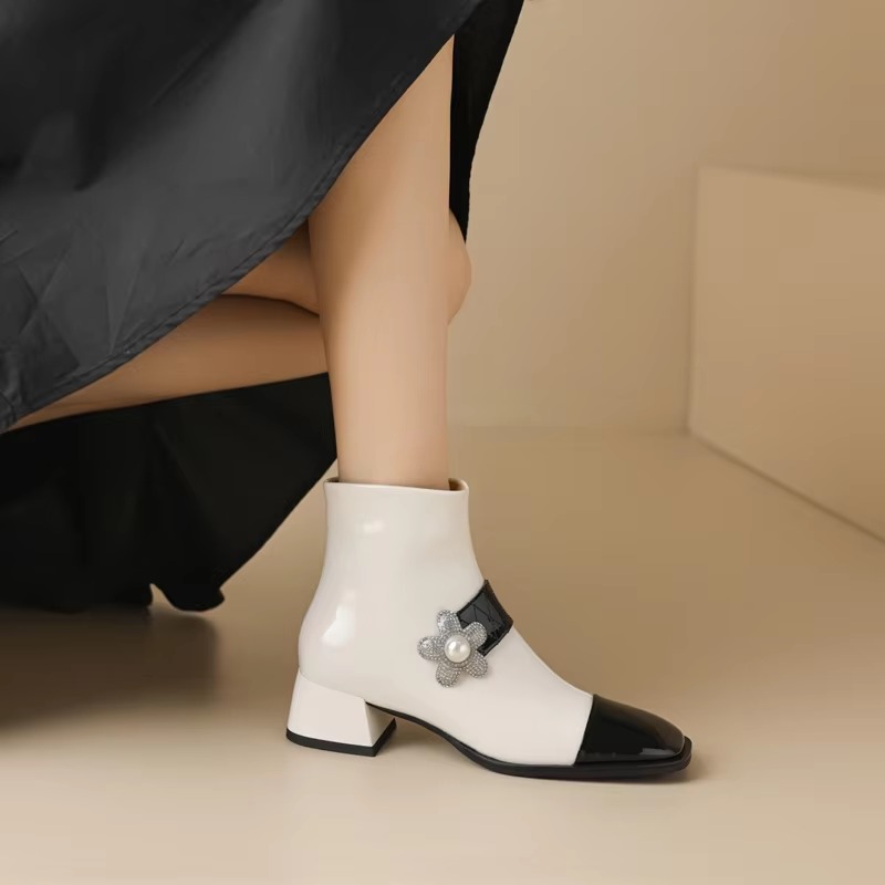 Diamond Pearl Flower Color Block Leather Mid Heel Zipper Chelsea Short Boots - Image 10