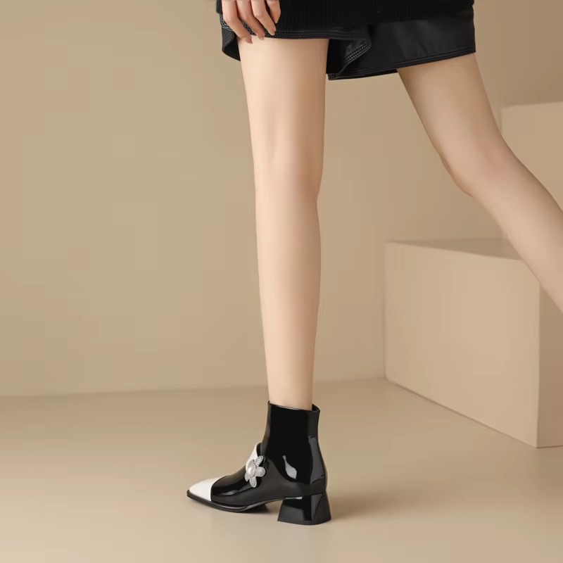Diamond Pearl Flower Color Block Leather Mid Heel Zipper Chelsea Short Boots - Image 3