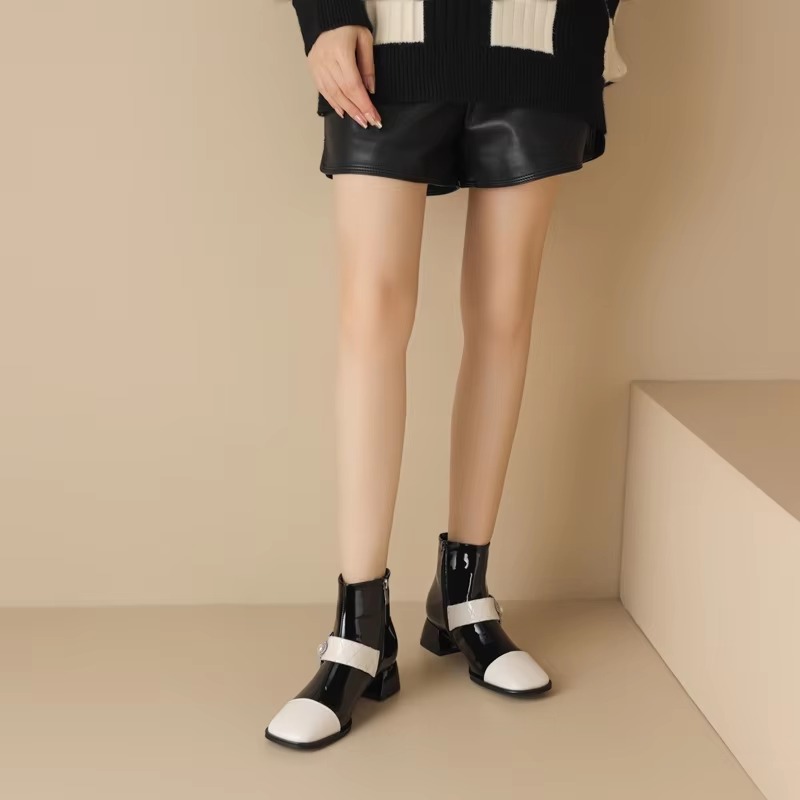 Diamond Pearl Flower Color Block Leather Mid Heel Zipper Chelsea Short Boots