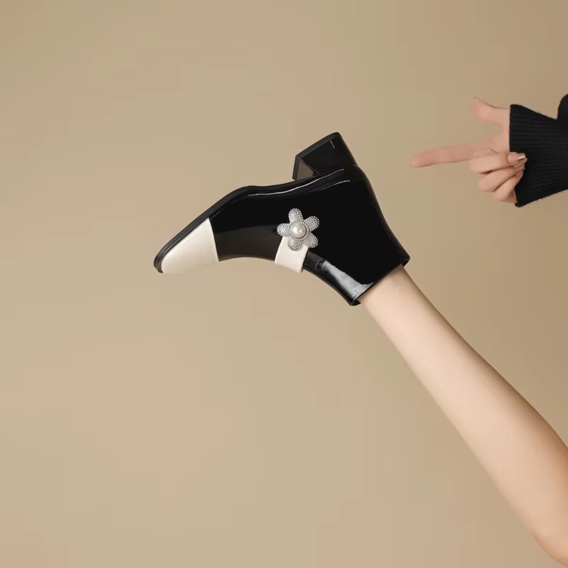 Diamond Pearl Flower Color Block Leather Mid Heel Zipper Chelsea Short Boots - Image 5